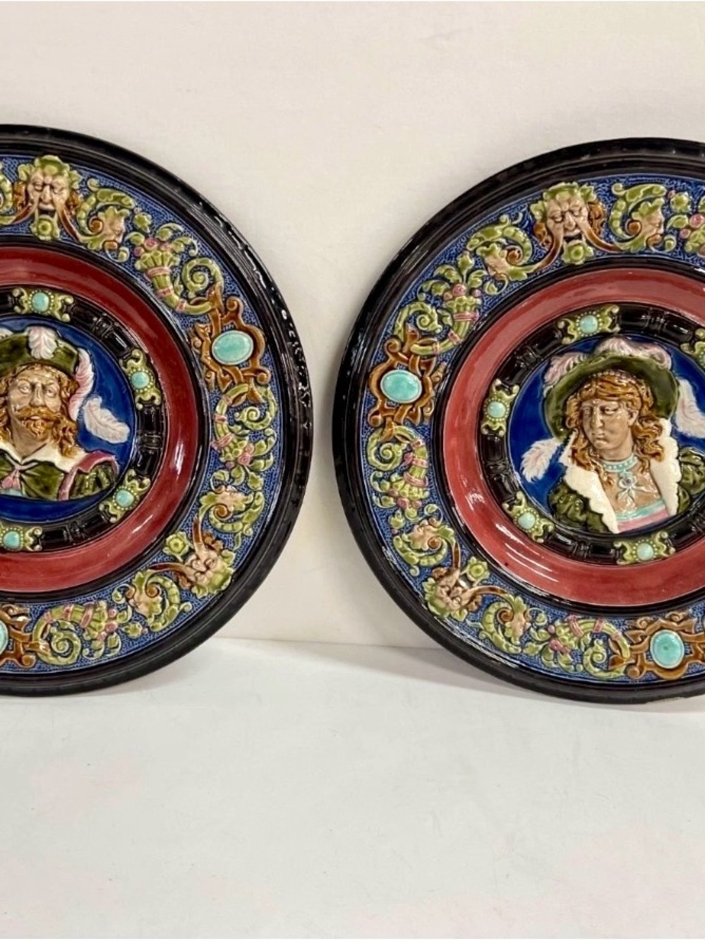 Pair Austrian Majolica Chargers Hand-Painted Ceramic Wall Plaques Circa 1880 15”